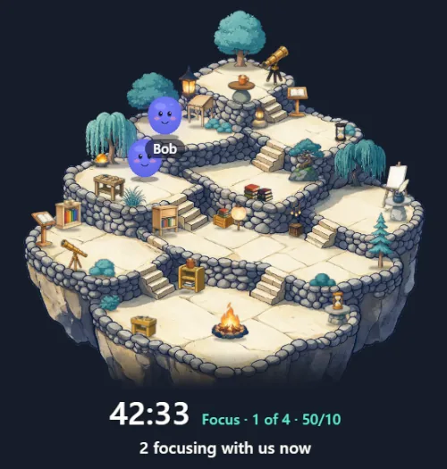 The Yappie stream overlay: a study room with pets, a timer and a plan