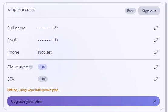 Settings with the name and email shown as dots and an eye button beside each
