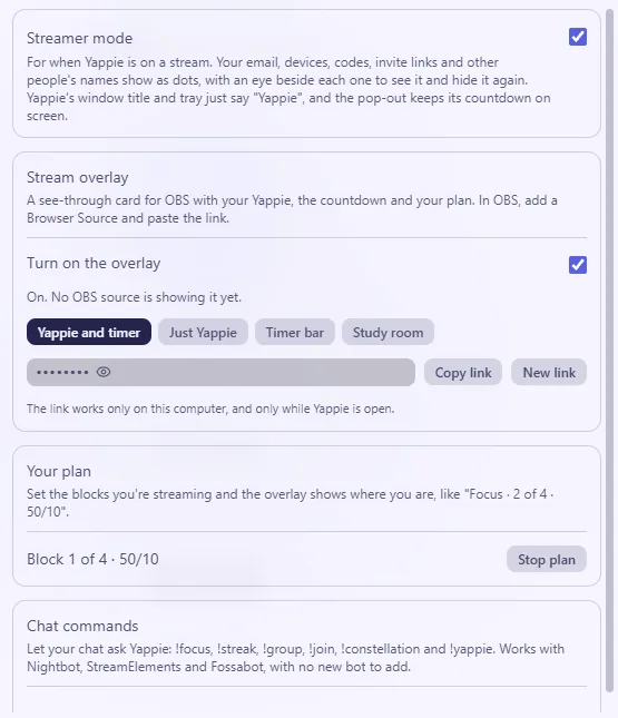 Settings, Streaming: streamer mode, the overlay layouts and your plan
